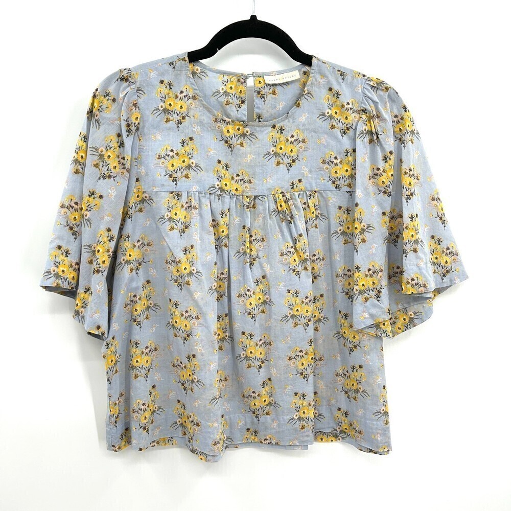 HAPPY X NATURE Light Blue Yellow Floral Boxy Lightweight 100% Cotton Shirt Small